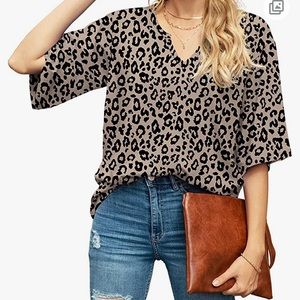 Animal print Loose V Neck 3/4 Bell Sleeve